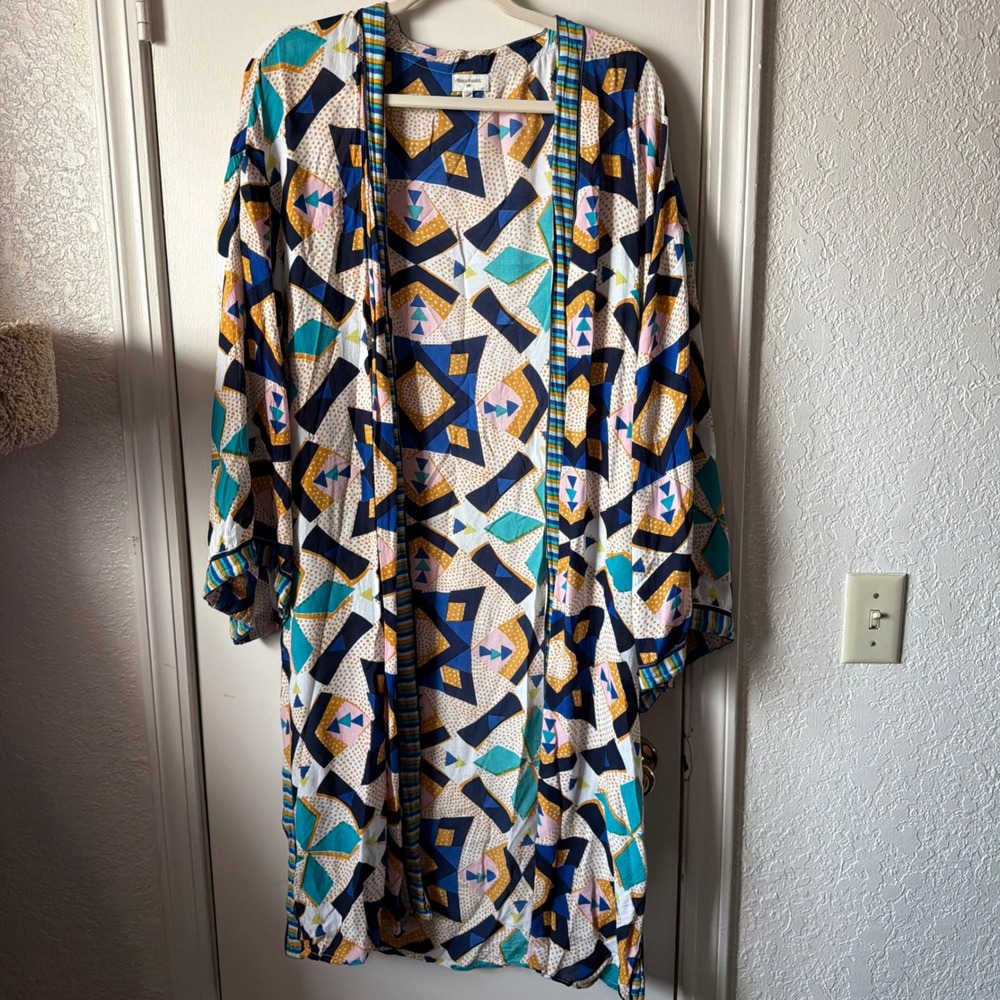 World Market Geometric Print Open Front Kimono Blue Mustard Free Size